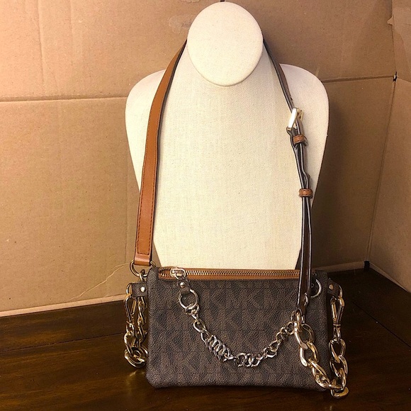 MICHAEL KORS MK Monogram Tan Brown Crossbody Bag with Two Tone Metal Hardware - Picture 5 of 17